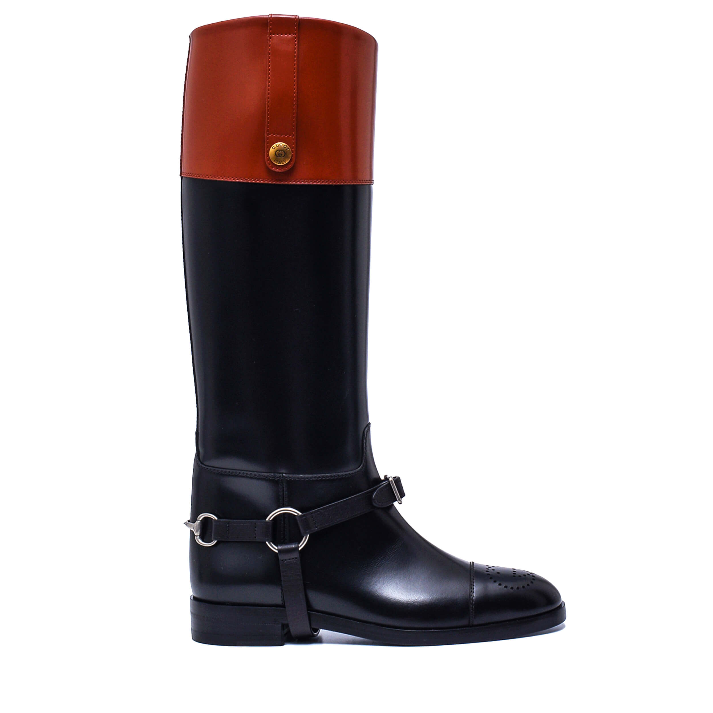 Gucci - Black Calfskin Leather Zelda Harness Knee High Rain Boots / 38.5